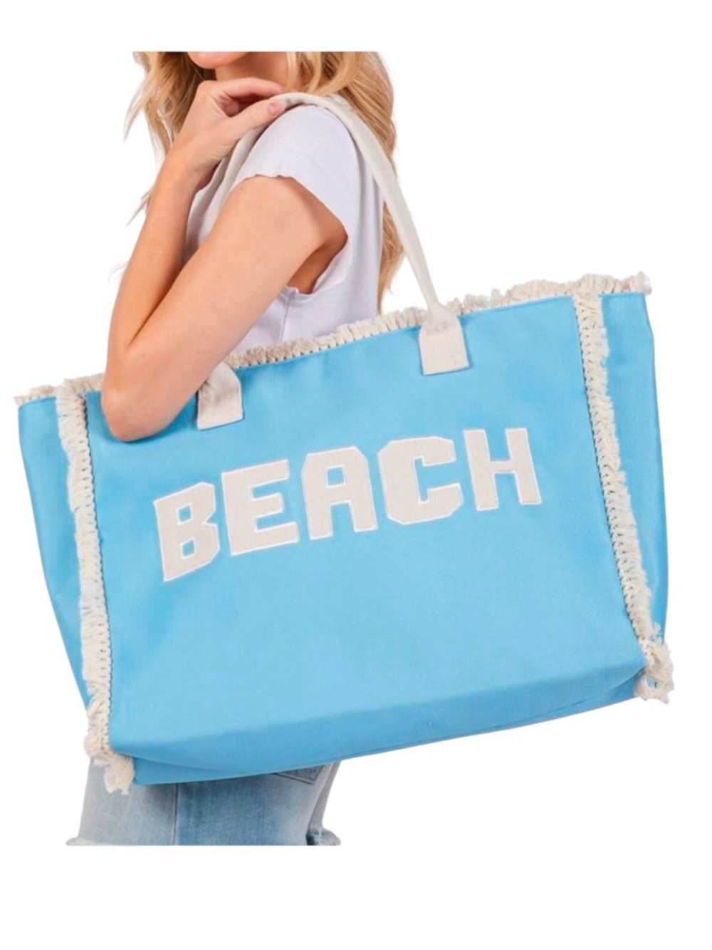 Blue Turquoise & Cream BEACH Embroidered Letter Fringe Trim 17.5" Tote Beach Bag